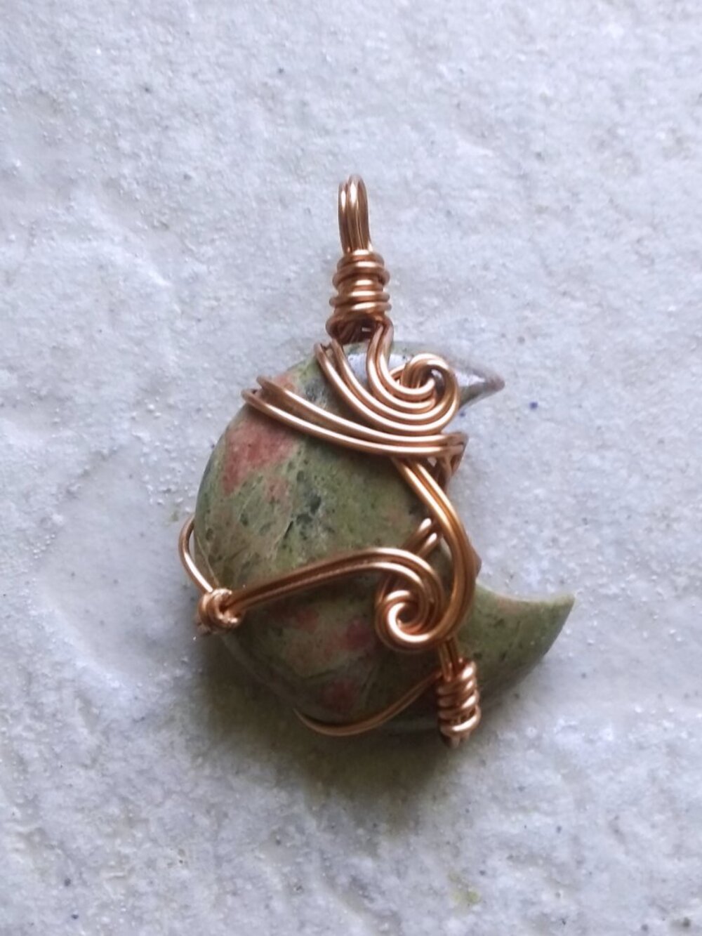 Unakite Jasper Crescent Moon Pendant - Copper Wire Wrap - Green Healing Jaspers